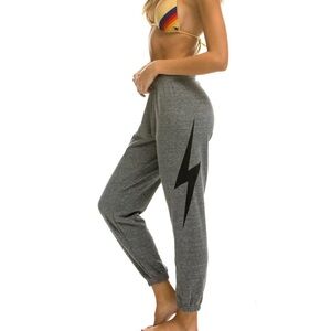Aviator Nation Heather Gray Jogger Pants with Black Lightning Bolt